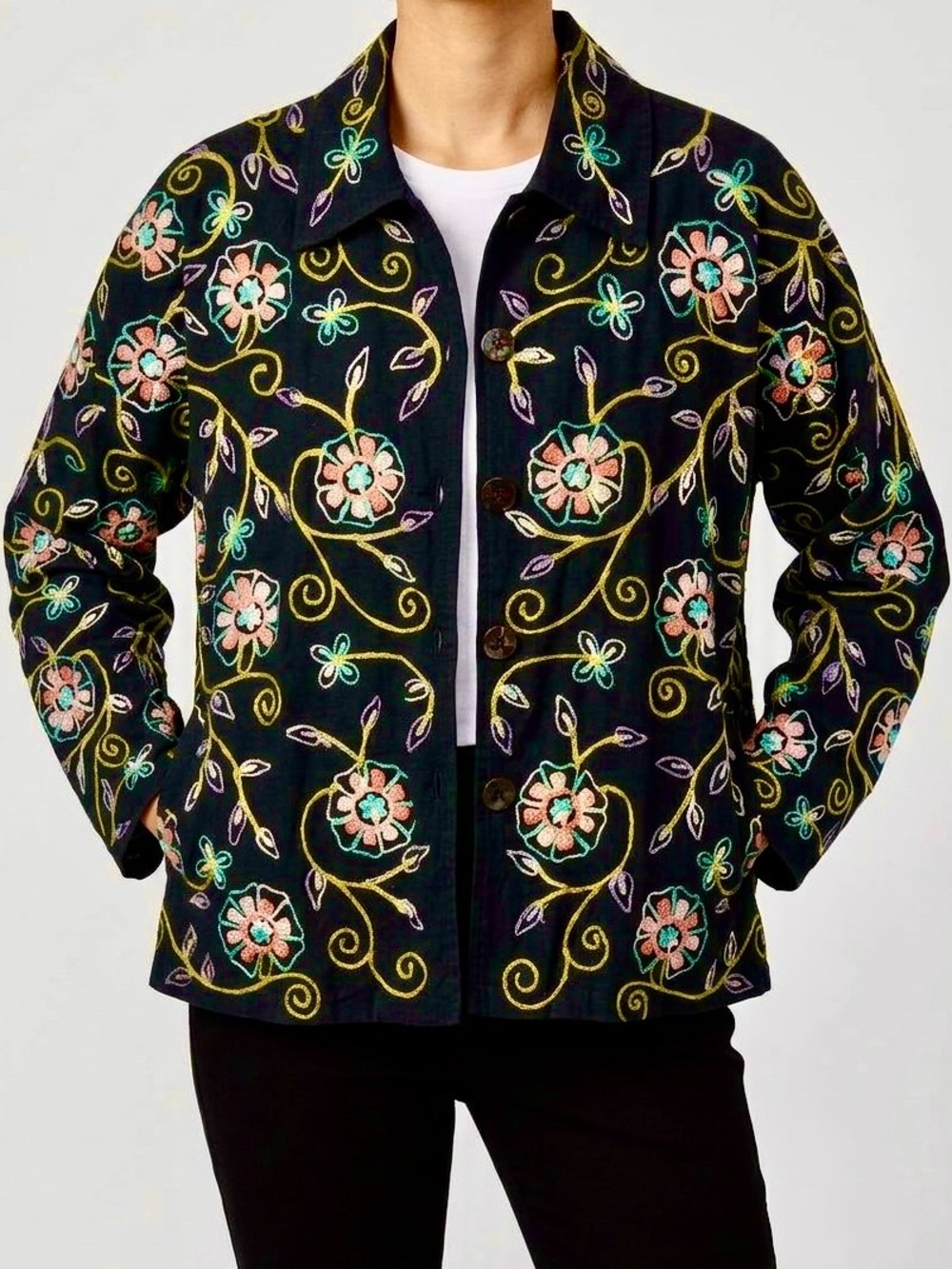 Life Style Petite Vintage Embroidered Floral Jacket